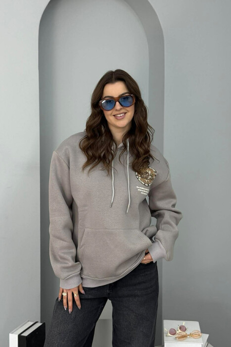 ONE COLOR BACK DESIGN FLUFFY WOMEN HOODIE GREY/GRI - 1