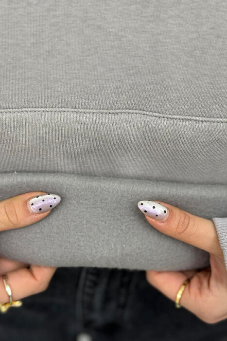 ONE COLOR BACK DESIGN FLUFFY WOMEN HOODIE GREY/GRI - 5