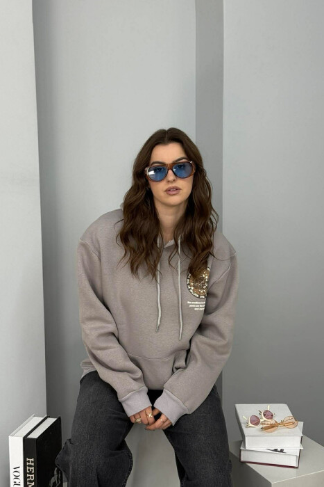 ONE COLOR BACK DESIGN FLUFFY WOMEN HOODIE GREY/GRI - 2