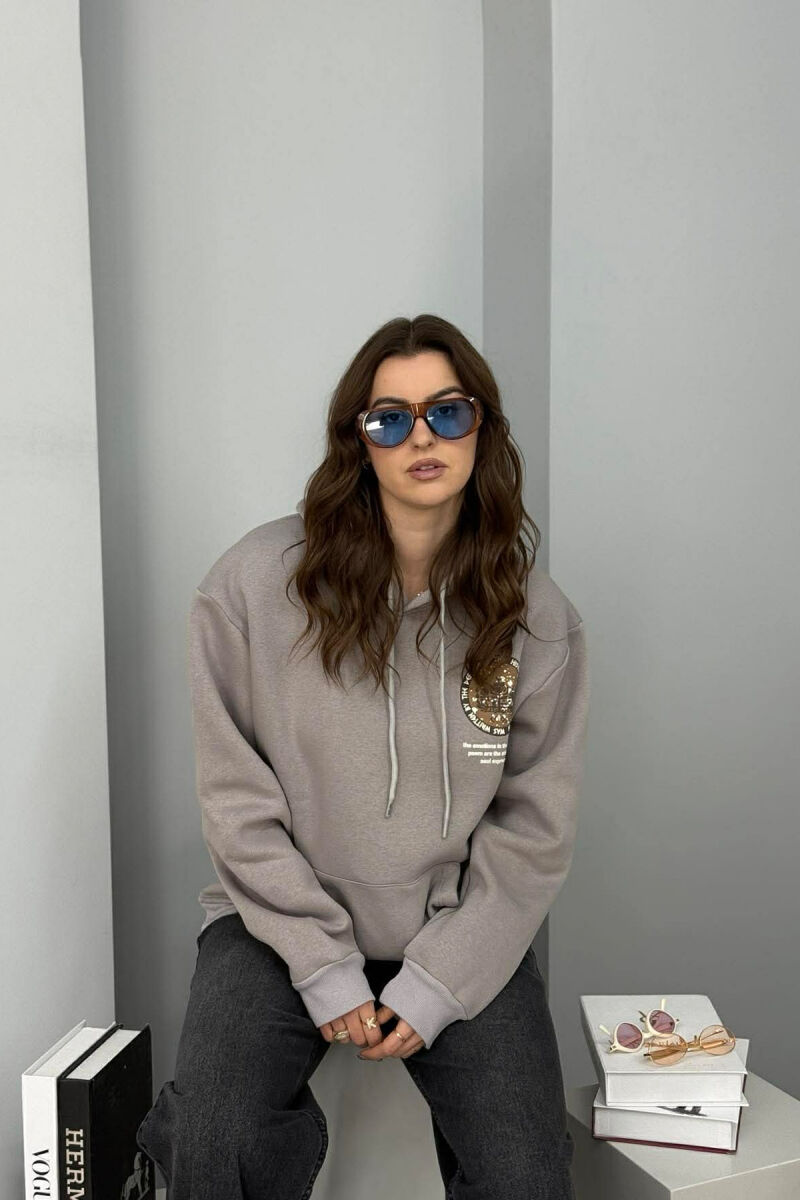 ONE COLOR BACK DESIGN FLUFFY WOMEN HOODIE GREY/GRI - 2