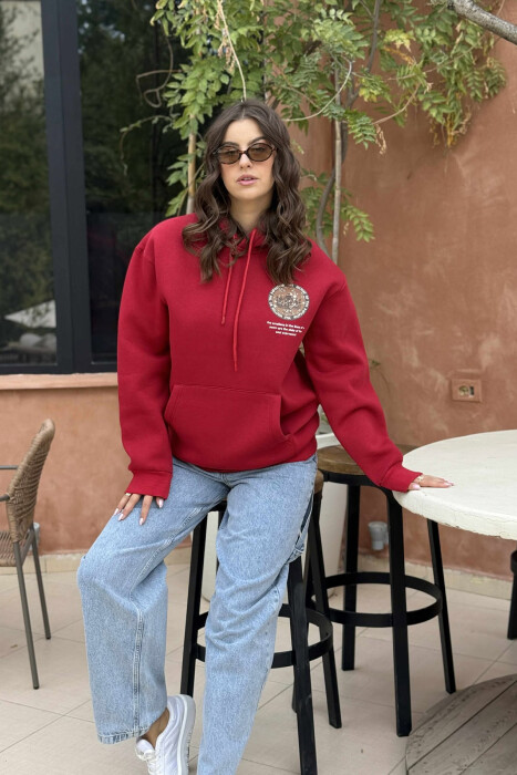 ONE COLOR BACK DESIGN FLUFFY WOMEN HOODIE RED/E KUQE 