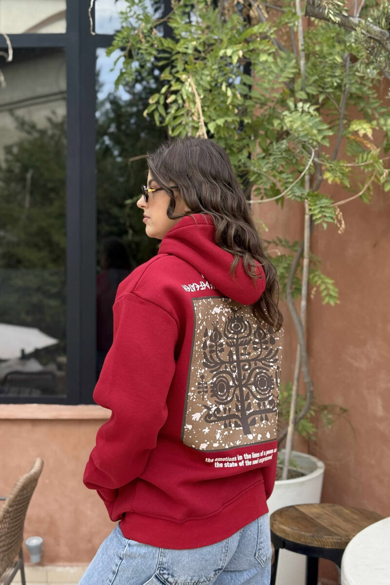 ONE COLOR BACK DESIGN FLUFFY WOMEN HOODIE RED/E KUQE - 3