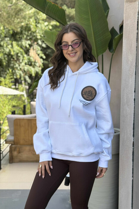 ONE COLOR BACK DESIGN FLUFFY WOMEN HOODIE WHITE-E BARDHE - 2