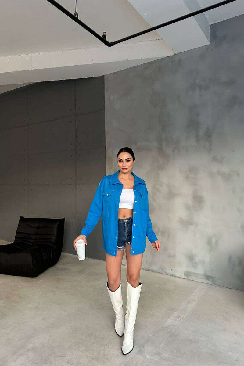 ONE COLOR BACK KNITTED DESIGN WOMEN SHIRT BLUE/BLU - 1