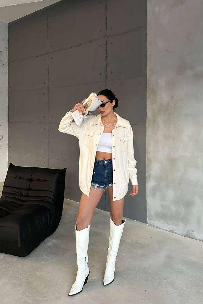 ONE COLOR BACK KNITTED DESIGN WOMEN SHIRT CREAM/KREM - 1