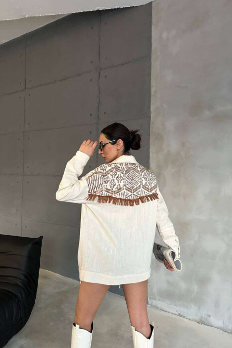 ONE COLOR BACK KNITTED DESIGN WOMEN SHIRT CREAM/KREM - 5