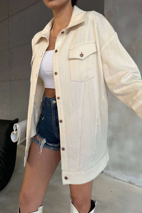 ONE COLOR BACK KNITTED DESIGN WOMEN SHIRT CREAM/KREM - 6