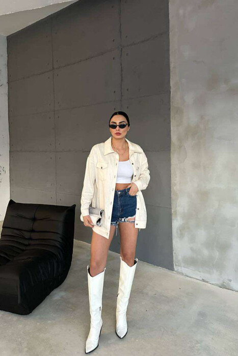 ONE COLOR BACK KNITTED DESIGN WOMEN SHIRT CREAM/KREM - 7