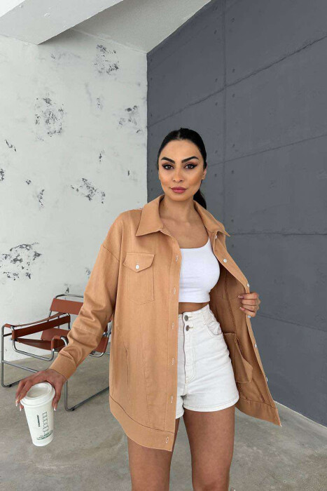 ONE COLOR BACK KNITTED DESIGN WOMEN SHIRT LIGHT BROWN/KAZB - 1