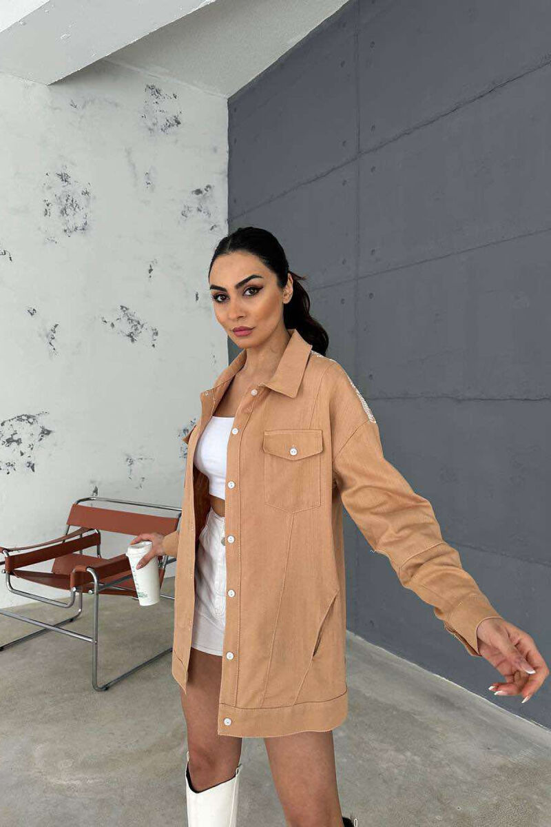 ONE COLOR BACK KNITTED DESIGN WOMEN SHIRT LIGHT BROWN/KAZB - 2