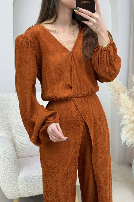 ONE COLOR BACK ZIPPER DETAIL WOMEN JUMPSUIT BROWN/KAFE - 3
