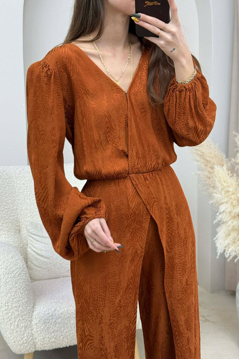 ONE COLOR BACK ZIPPER DETAIL WOMEN JUMPSUIT BROWN/KAFE - 3