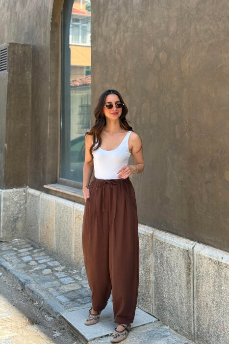 ONE COLOR BALLON ELASTIC WAIST WOMAN TROUSERS BROWN/KAFE - KLAUDIO FASHION