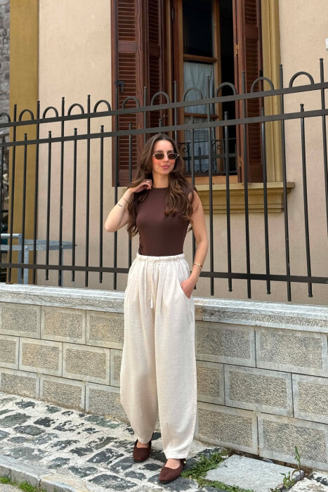 ONE COLOR BALLON ELASTIC WAIST WOMAN TROUSERS CREAM/KREM - KLAUDIO FASHION