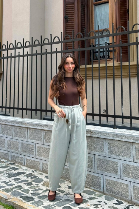 ONE COLOR BALLON ELASTIC WAIST WOMAN TROUSERS MINT/MENTE - KLAUDIO FASHION