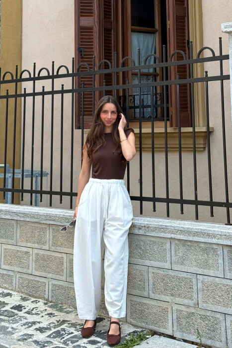 ONE COLOR BALLON ELASTIC WAIST WOMAN TROUSERS WHITE-E BARDHE - KLAUDIO FASHION