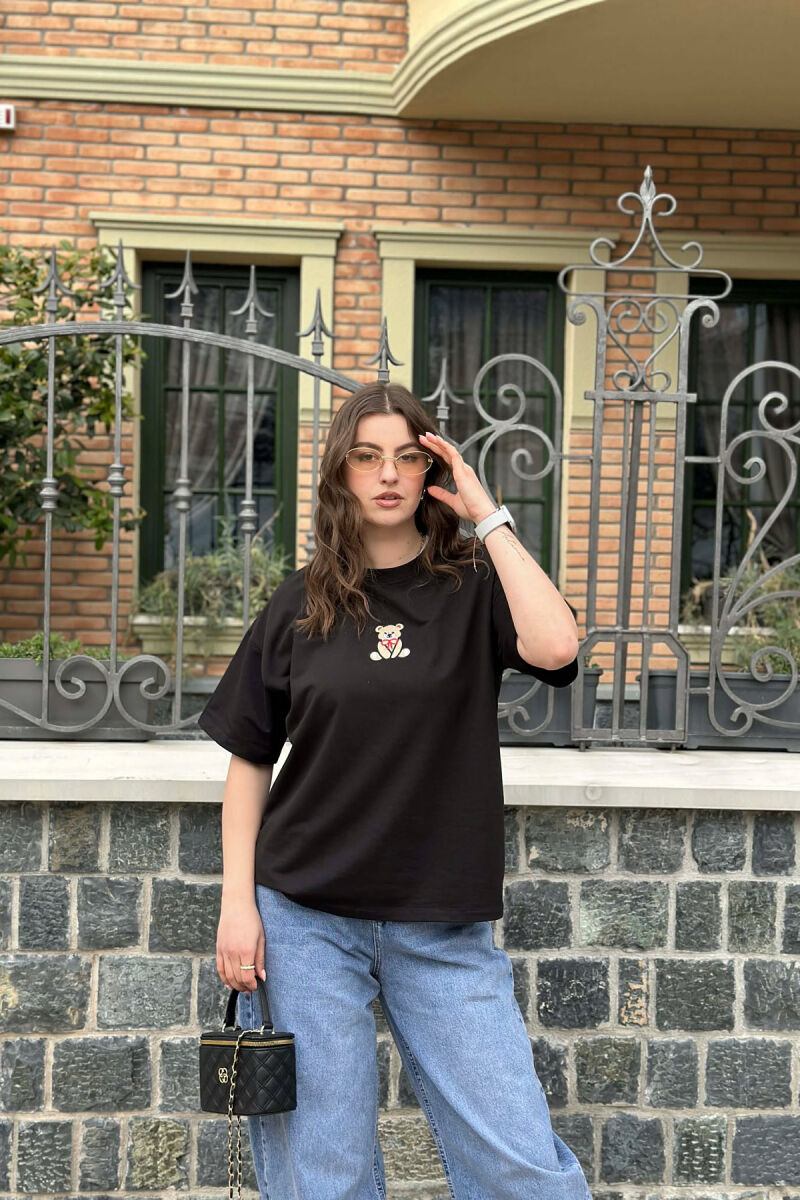 ONE COLOR BEAR DETAIL WOMAN T-SHIRT BLACK/ E ZEZE - 1