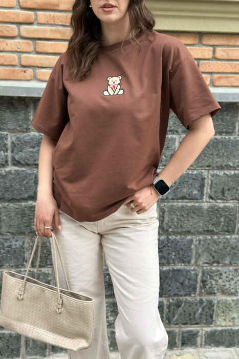 ONE COLOR BEAR DETAIL WOMAN T-SHIRT BROWN/KAFE - 2