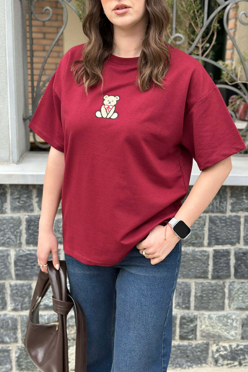 ONE COLOR BEAR DETAIL WOMAN T-SHIRT BURGUNDY/VISHNJE - 3
