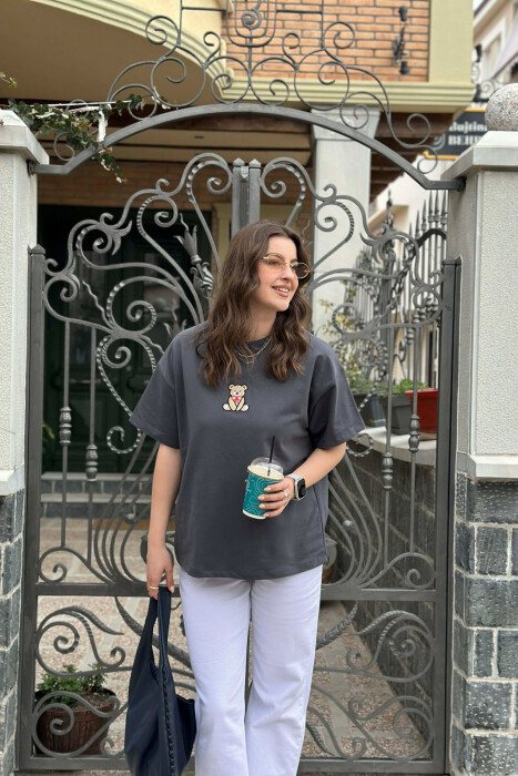 ONE COLOR BEAR DETAIL WOMAN T-SHIRT DARK GREY/GEE - 1