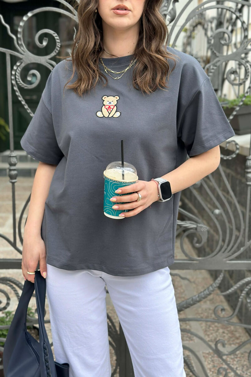 ONE COLOR BEAR DETAIL WOMAN T-SHIRT DARK GREY/GEE - 5