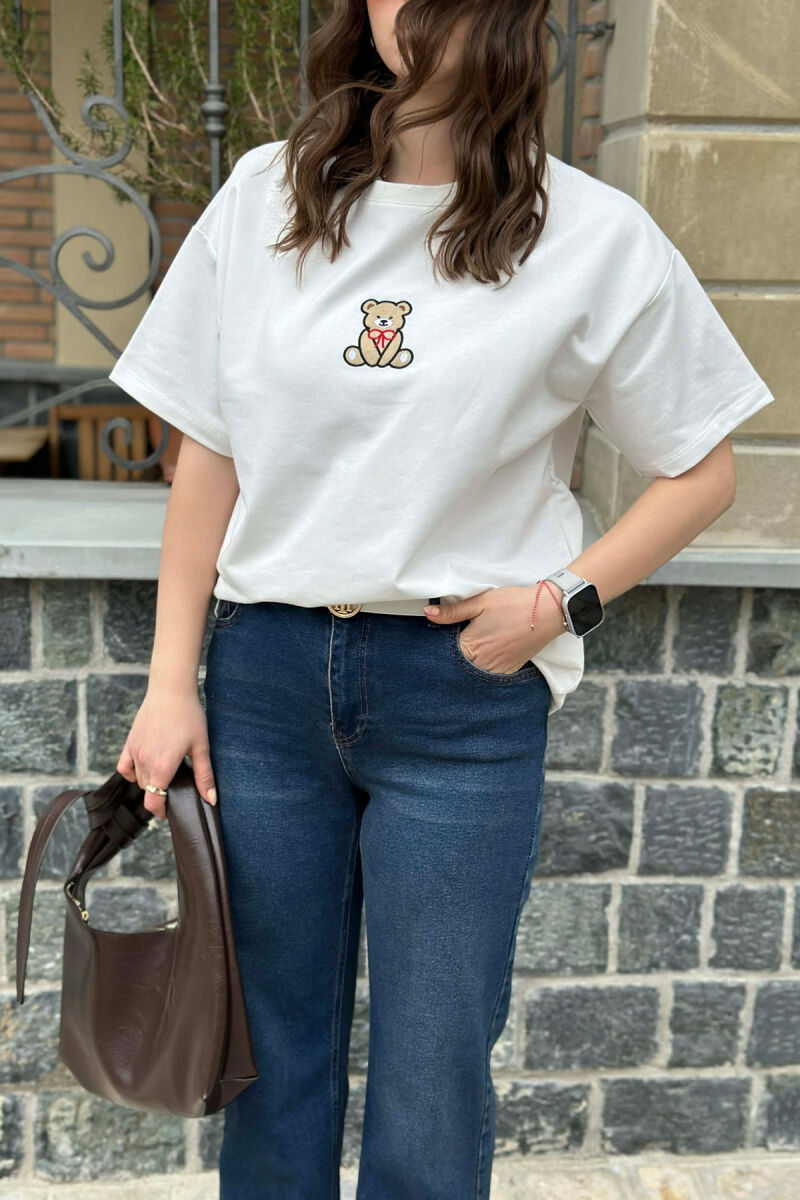 ONE COLOR BEAR DETAIL WOMAN T-SHIRT WHITE-E BARDHE - 2