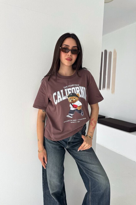ONE COLOR BEAR IMAGE WOMAN T-SHIRT BROWN/KAFE - KLAUDIO FASHION