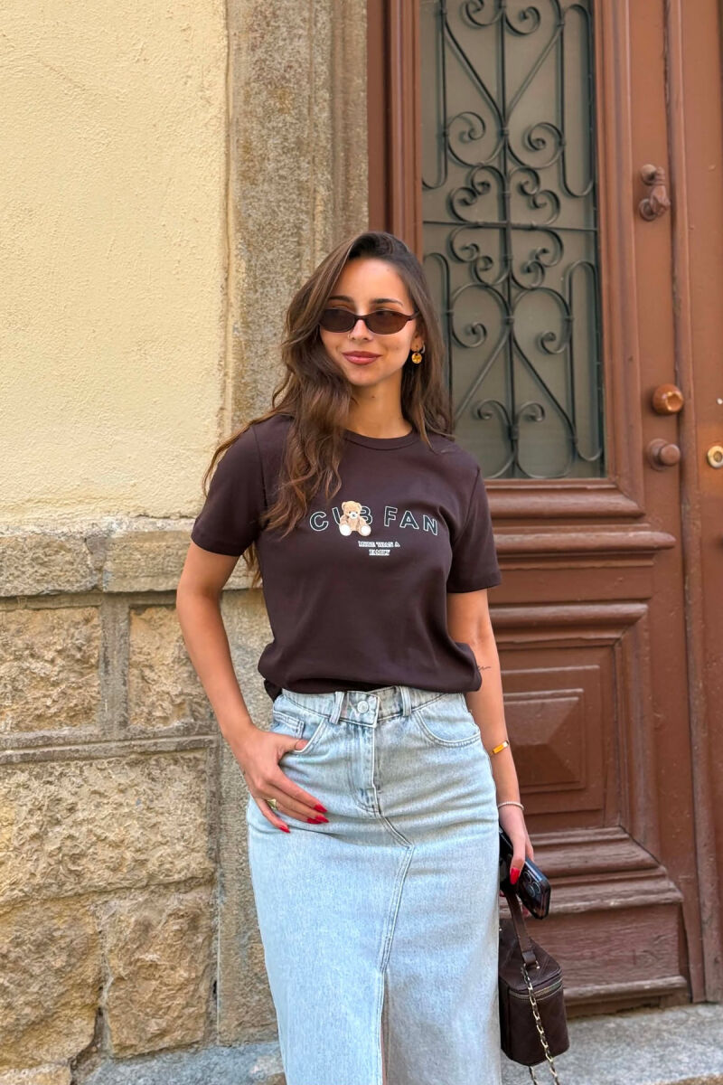 ONE COLOR BEAR LOGO & WRITTINGS WOMAN T-SHIRT DARK BROWN/KAE - 1