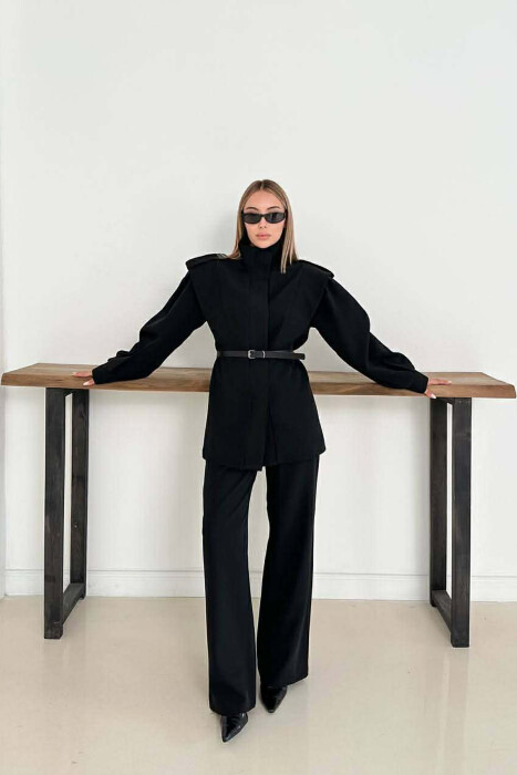 ONE COLOR BELT DETAIL HIDDEN BUTTON UP JACKET+ TROUSERS WOMEN SET BLACK/ E ZEZE - 2