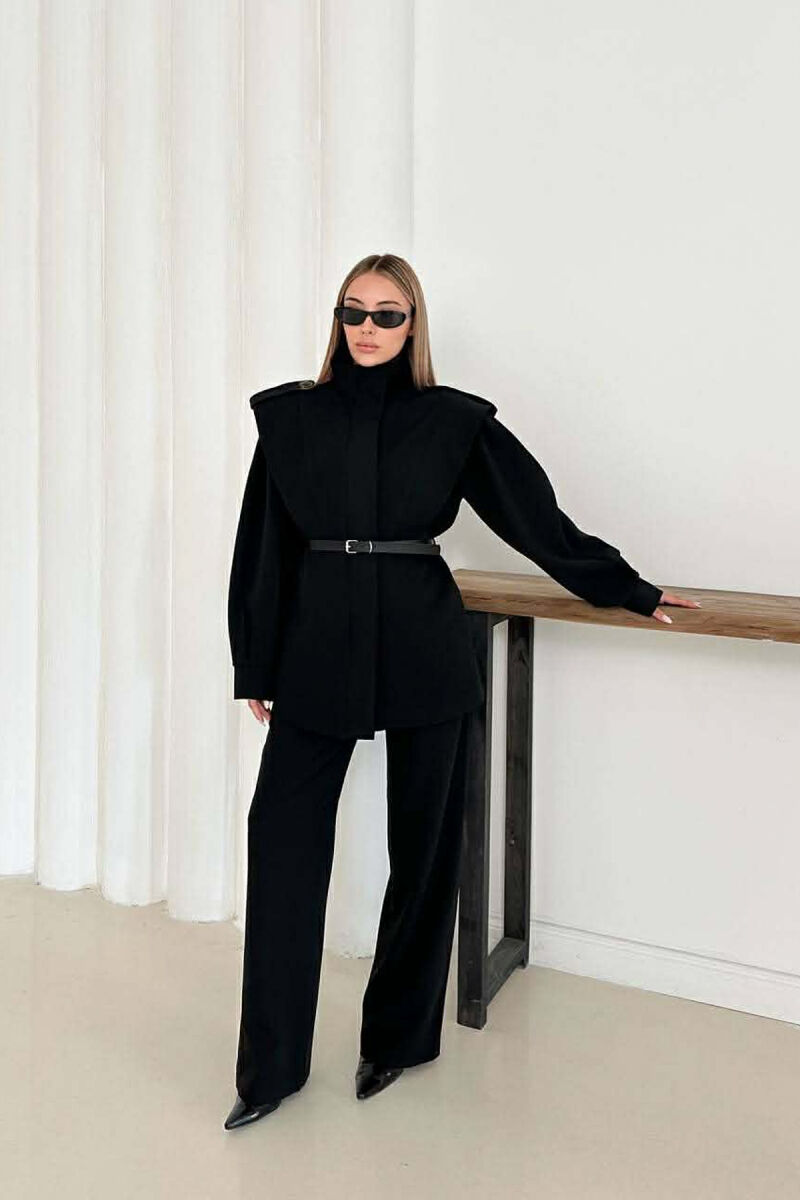 ONE COLOR BELT DETAIL HIDDEN BUTTON UP JACKET+ TROUSERS WOMEN SET BLACK/ E ZEZE - 3