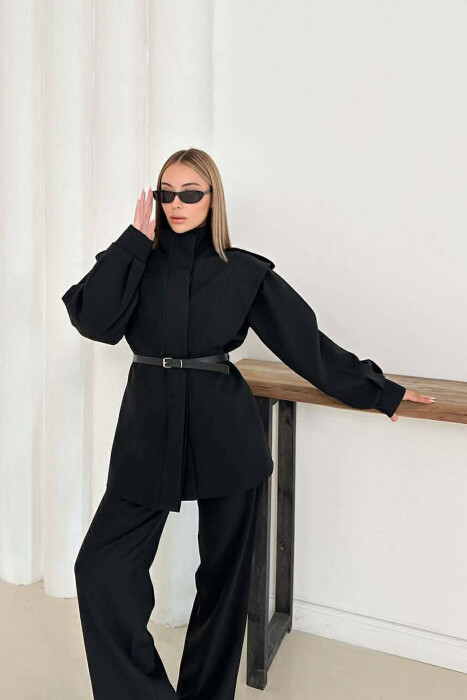 ONE COLOR BELT DETAIL HIDDEN BUTTON UP JACKET+ TROUSERS WOMEN SET BLACK/ E ZEZE - 4