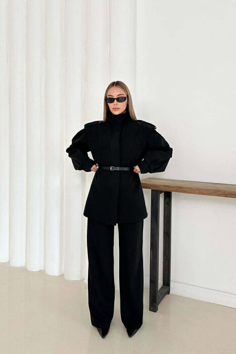 ONE COLOR BELT DETAIL HIDDEN BUTTON UP JACKET+ TROUSERS WOMEN SET BLACK/ E ZEZE - 5