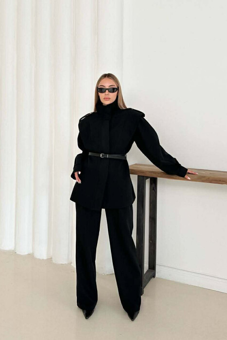 ONE COLOR BELT DETAIL HIDDEN BUTTON UP JACKET+ TROUSERS WOMEN SET BLACK/ E ZEZE - 6