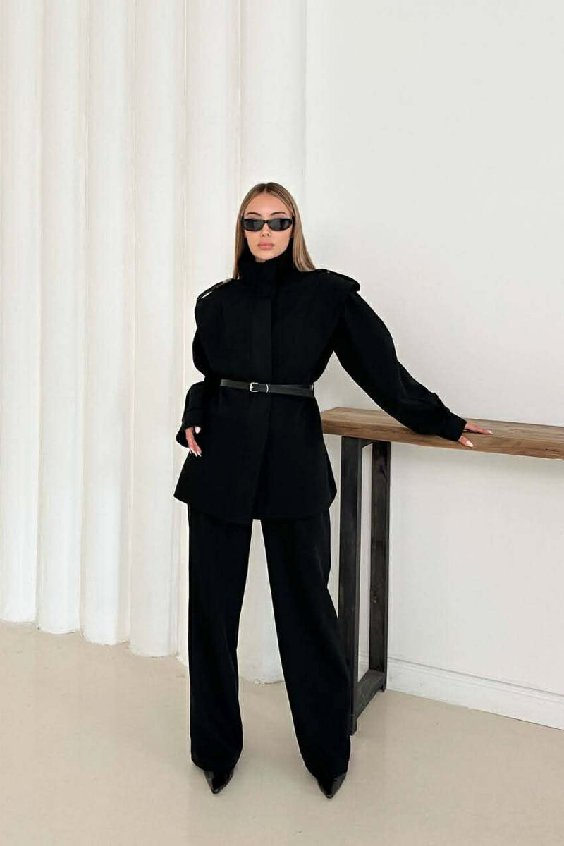 ONE COLOR BELT DETAIL HIDDEN BUTTON UP JACKET+ TROUSERS WOMEN SET BLACK/ E ZEZE - 6