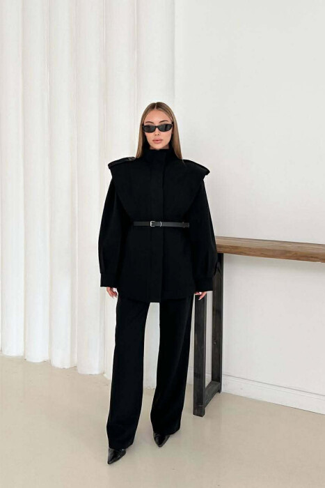 ONE COLOR BELT DETAIL HIDDEN BUTTON UP JACKET+ TROUSERS WOMEN SET BLACK/ E ZEZE 