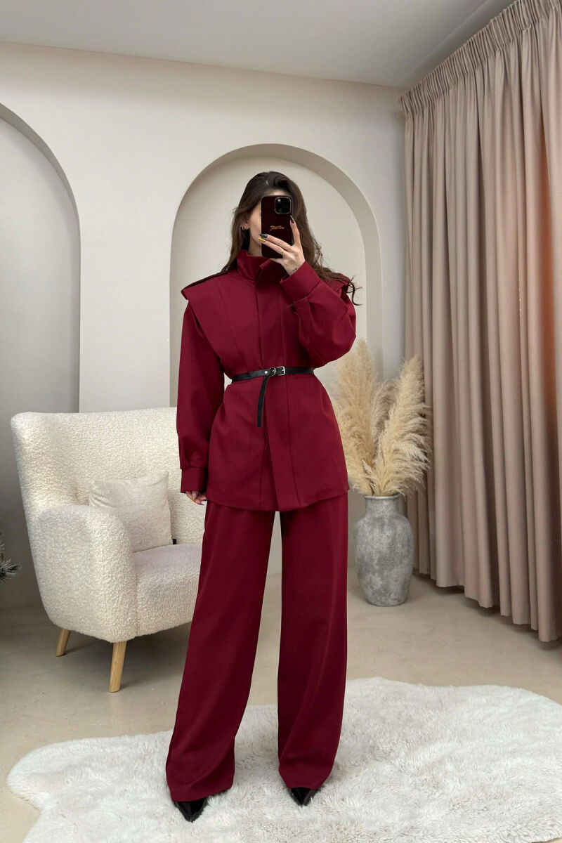 ONE COLOR BELT DETAIL HIDDEN BUTTON UP JACKET+ TROUSERS WOMEN SET BURGUNDY/VISHNJE - 1