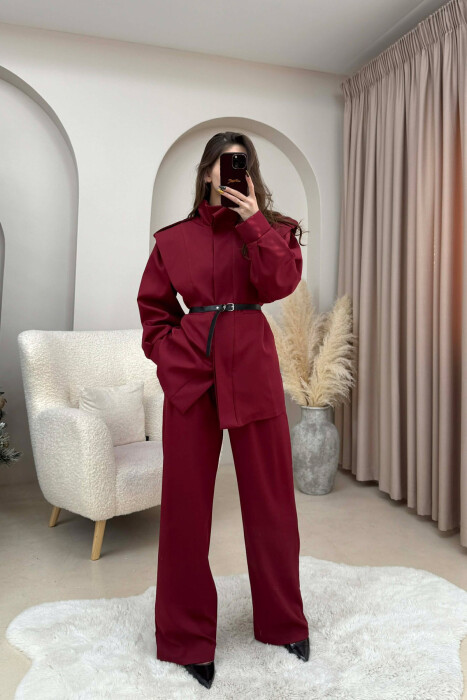 ONE COLOR BELT DETAIL HIDDEN BUTTON UP JACKET+ TROUSERS WOMEN SET BURGUNDY/VISHNJE - 2