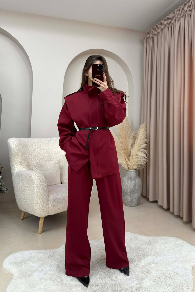 ONE COLOR BELT DETAIL HIDDEN BUTTON UP JACKET+ TROUSERS WOMEN SET BURGUNDY/VISHNJE - 2