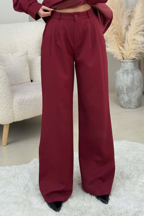 ONE COLOR BELT DETAIL HIDDEN BUTTON UP JACKET+ TROUSERS WOMEN SET BURGUNDY/VISHNJE - 5