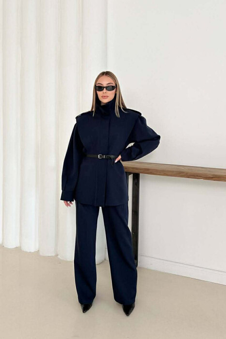 ONE COLOR BELT DETAIL HIDDEN BUTTON UP JACKET+ TROUSERS WOMEN SET DARK BLUE/BEE 