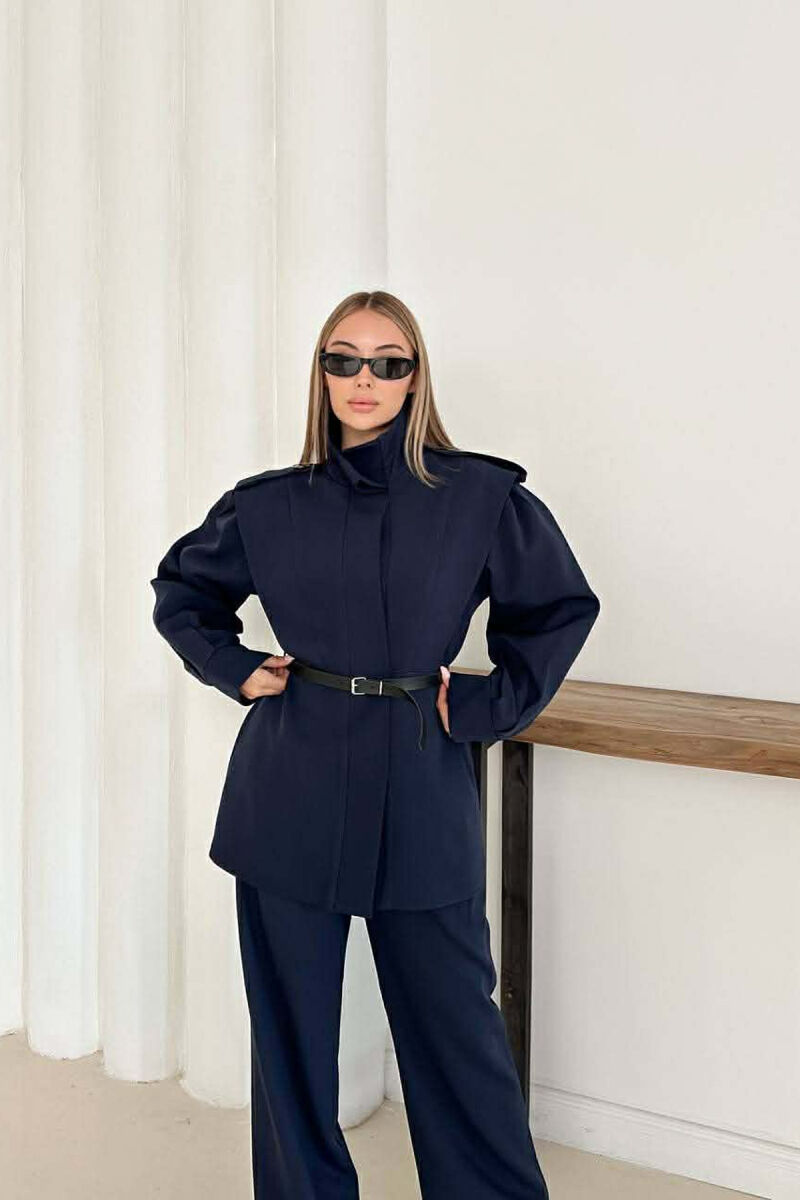 ONE COLOR BELT DETAIL HIDDEN BUTTON UP JACKET+ TROUSERS WOMEN SET DARK BLUE/BEE - 4