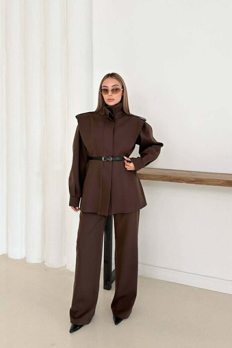 ONE COLOR BELT DETAIL HIDDEN BUTTON UP JACKET+ TROUSERS WOMEN SET DARK BROWN/KAE 