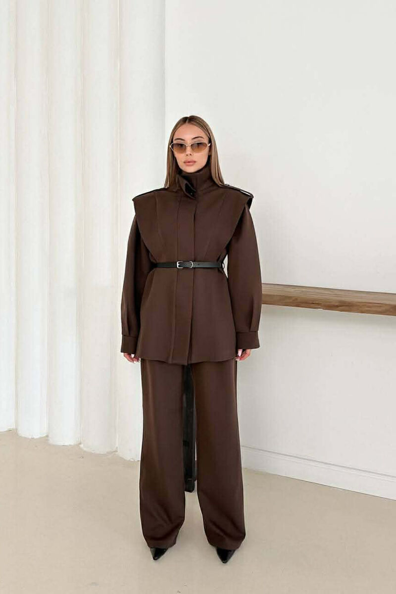 ONE COLOR BELT DETAIL HIDDEN BUTTON UP JACKET+ TROUSERS WOMEN SET DARK BROWN/KAE - 2