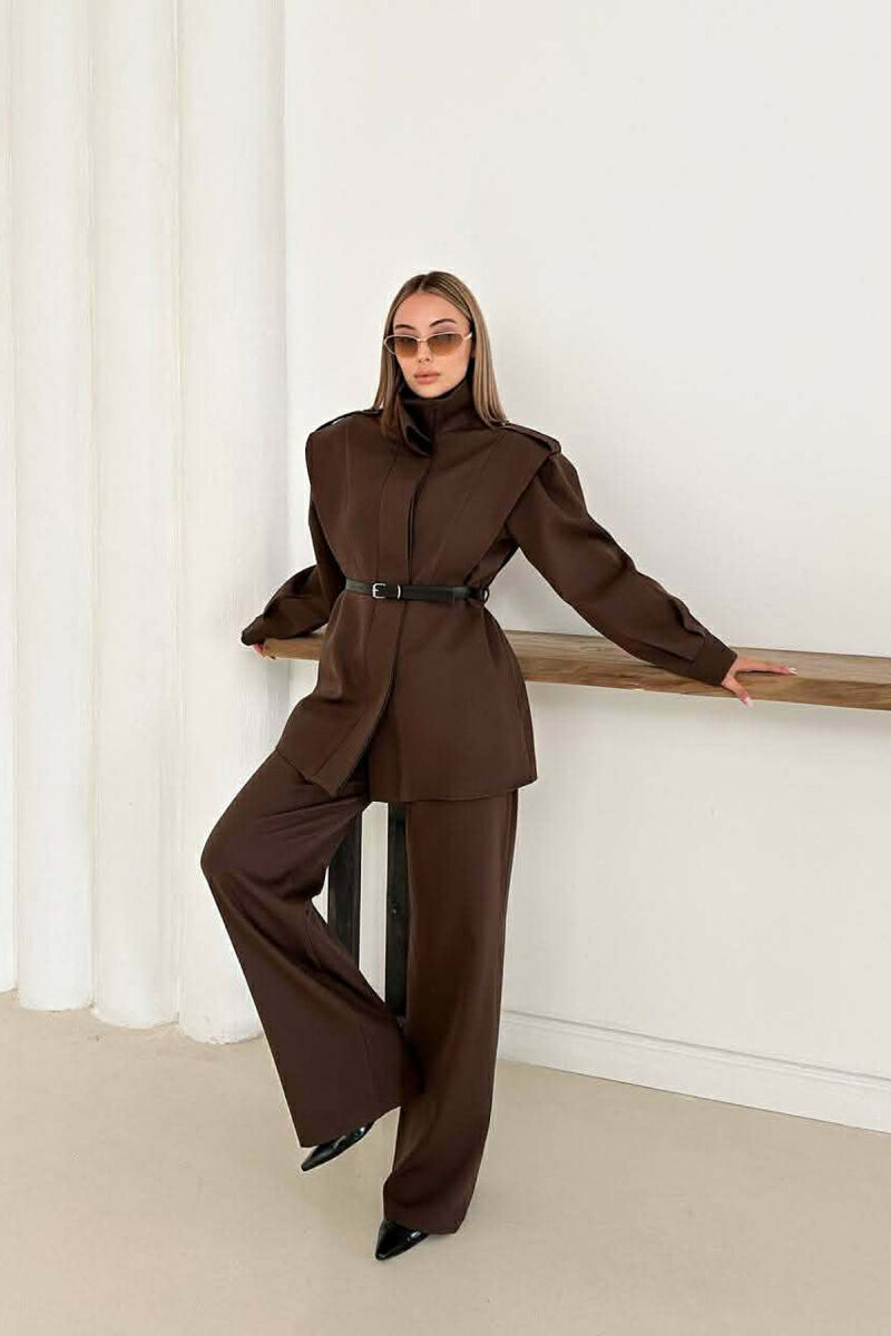 ONE COLOR BELT DETAIL HIDDEN BUTTON UP JACKET+ TROUSERS WOMEN SET DARK BROWN/KAE - 3