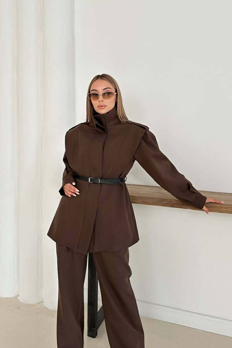 ONE COLOR BELT DETAIL HIDDEN BUTTON UP JACKET+ TROUSERS WOMEN SET DARK BROWN/KAE - 4