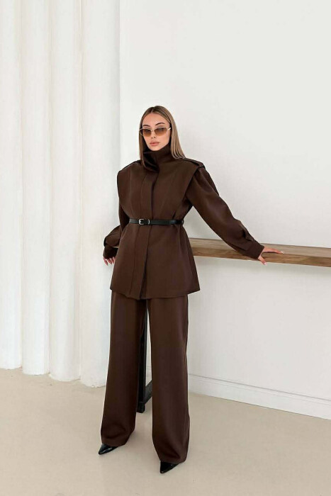 ONE COLOR BELT DETAIL HIDDEN BUTTON UP JACKET+ TROUSERS WOMEN SET DARK BROWN/KAE - 5