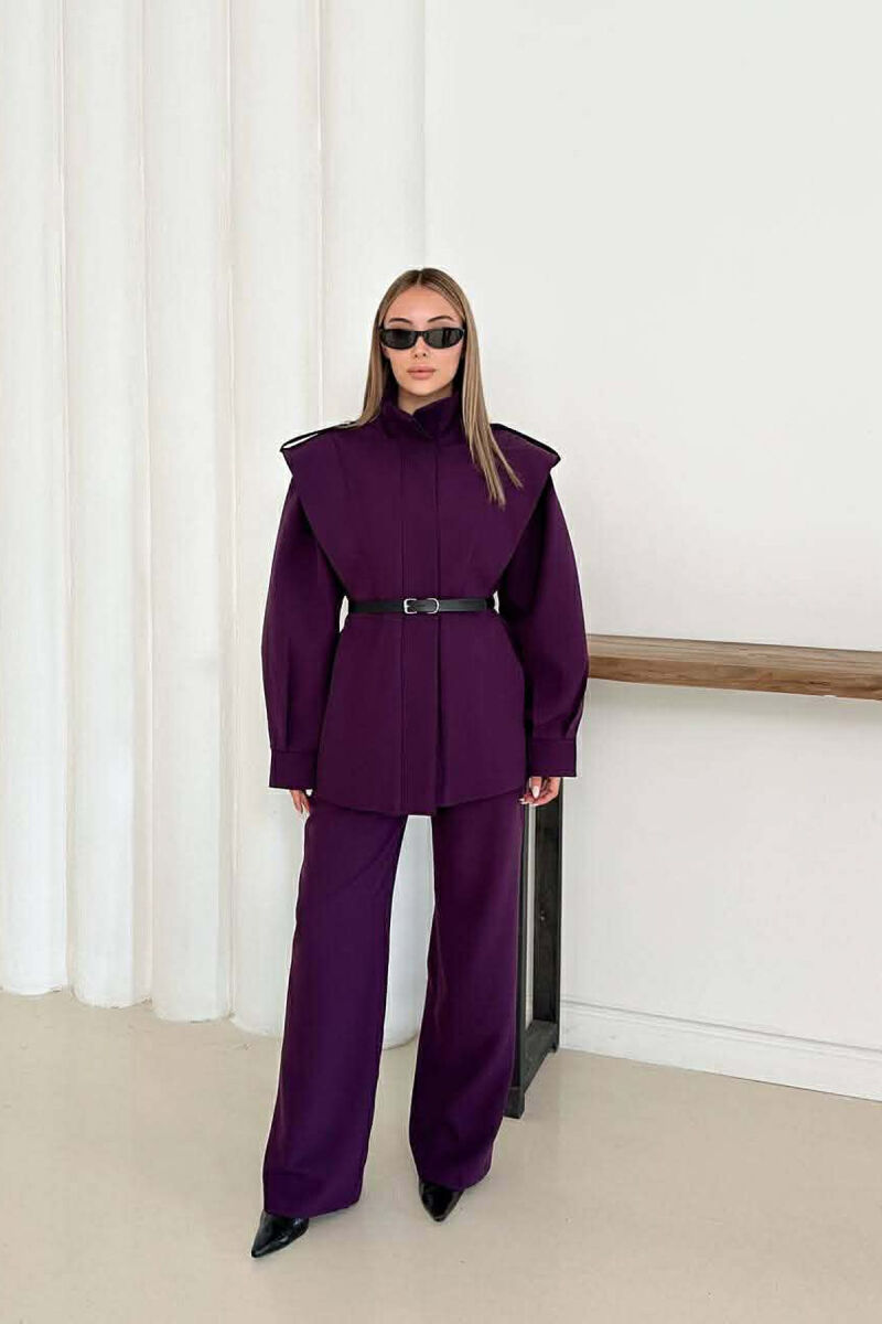 ONE COLOR BELT DETAIL HIDDEN BUTTON UP JACKET+ TROUSERS WOMEN SET DARK PURPLE/LEJLA ERRET - 1