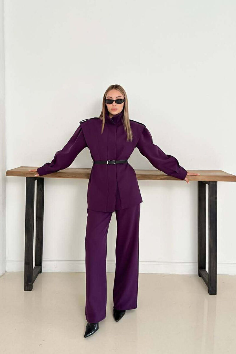 ONE COLOR BELT DETAIL HIDDEN BUTTON UP JACKET+ TROUSERS WOMEN SET DARK PURPLE/LEJLA ERRET - 3