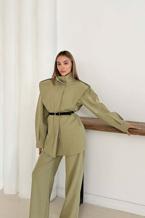 ONE COLOR BELT DETAIL HIDDEN BUTTON UP JACKET+ TROUSERS WOMEN SET OLIVE/ULLI 