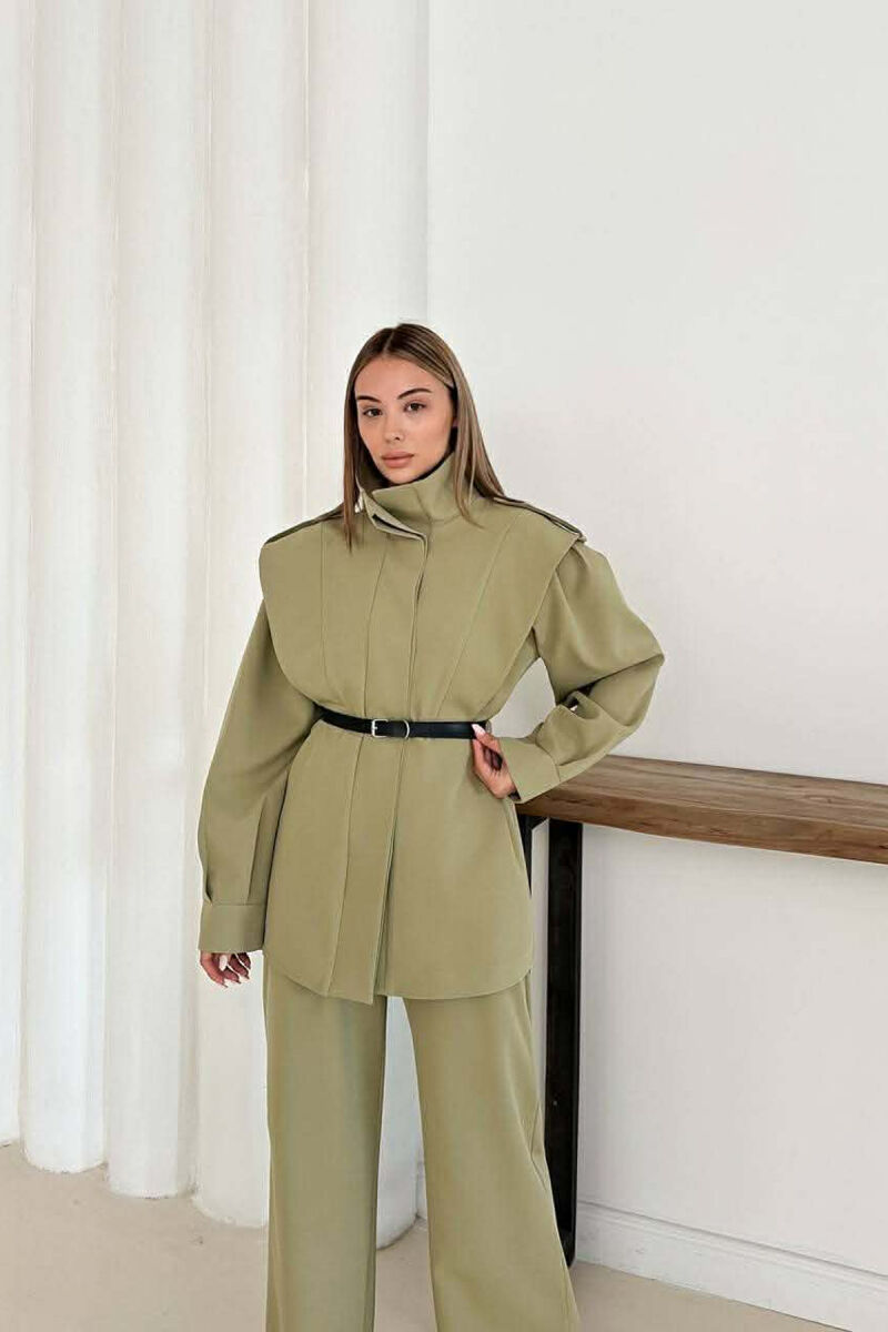 ONE COLOR BELT DETAIL HIDDEN BUTTON UP JACKET+ TROUSERS WOMEN SET OLIVE/ULLI - 2